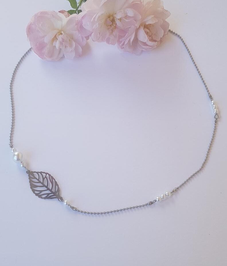 Headband - feuille et perles blanches