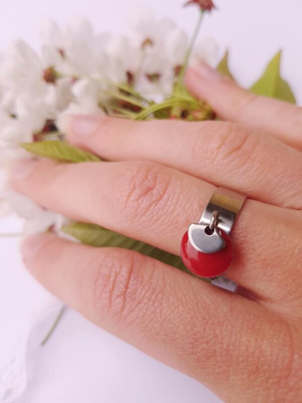 Bague artisanale inox personnalisable - sequin rond coloré et mini éventail argenté