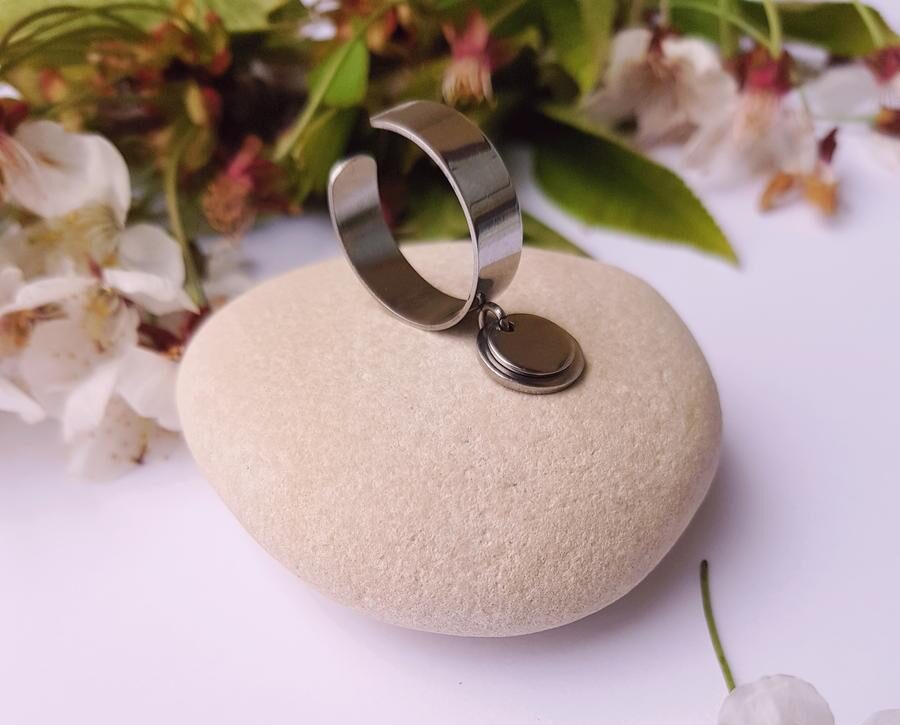 Bague artisanale inox - double sequins ronds argentés