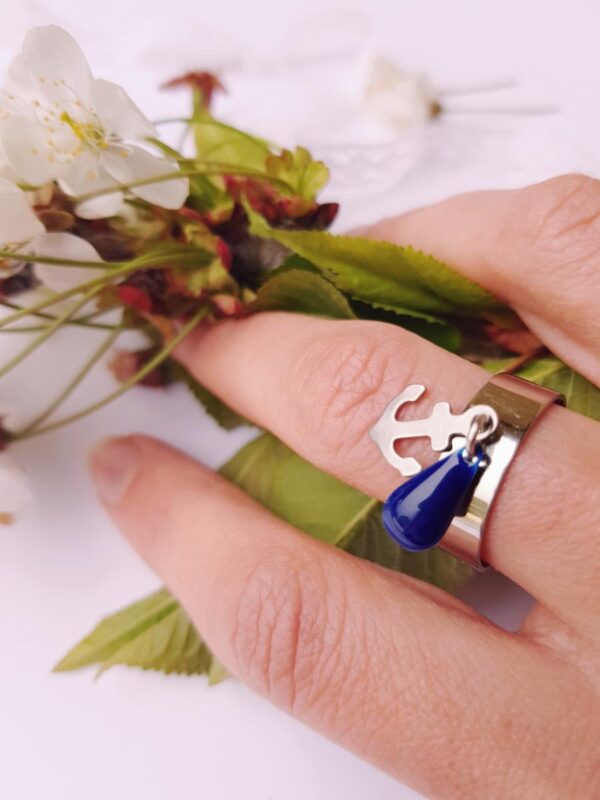 Bague inox artisanale - ancre marine et sequin émaillé de couleur au choix