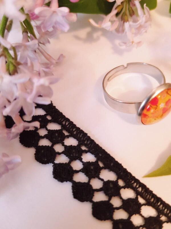 Bague inox - cabochon floral jaune et orangé