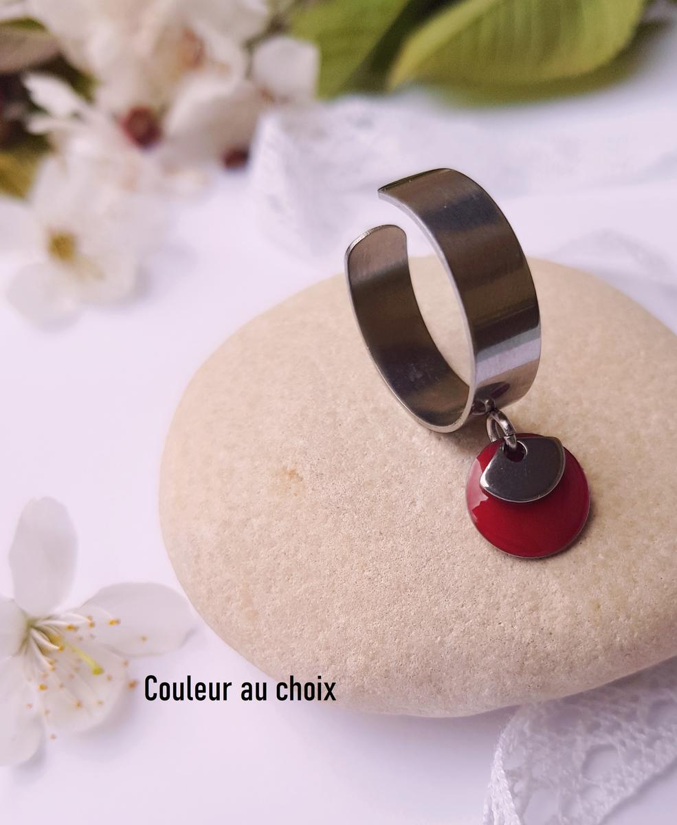Bague artisanale inox personnalisable - sequin rond coloré et mini éventail argenté