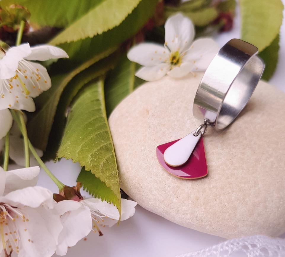 Bague inox artisanale - sequins émaillés goutte et éventail de couleur au choix