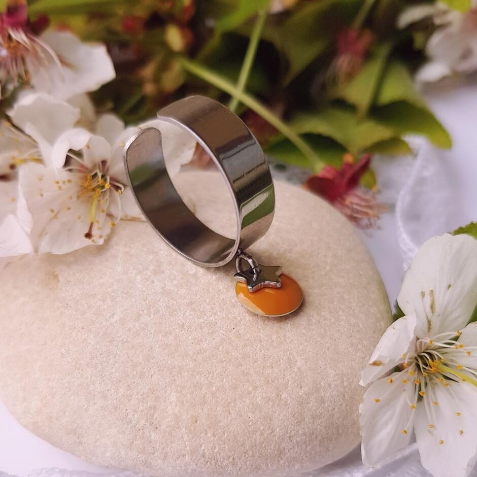 Bague artisanale inox personnalisable - sequin rond coloré et étoile argentée