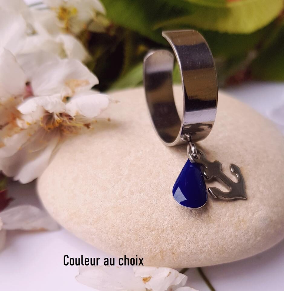 Bague inox artisanale - ancre marine et sequin émaillé de couleur au choix
