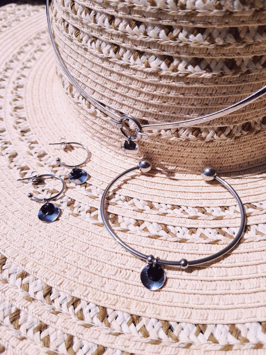 Parure [Boucles d'oreilles, collier et bracelet] inox - sequins ronds noirs et argentés