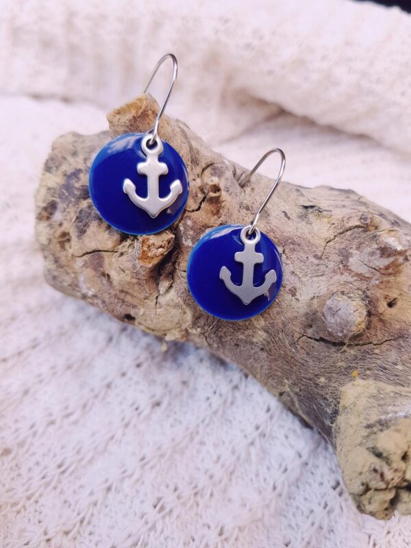 Boucles d'oreilles inox - ancre marine et sequin bleue