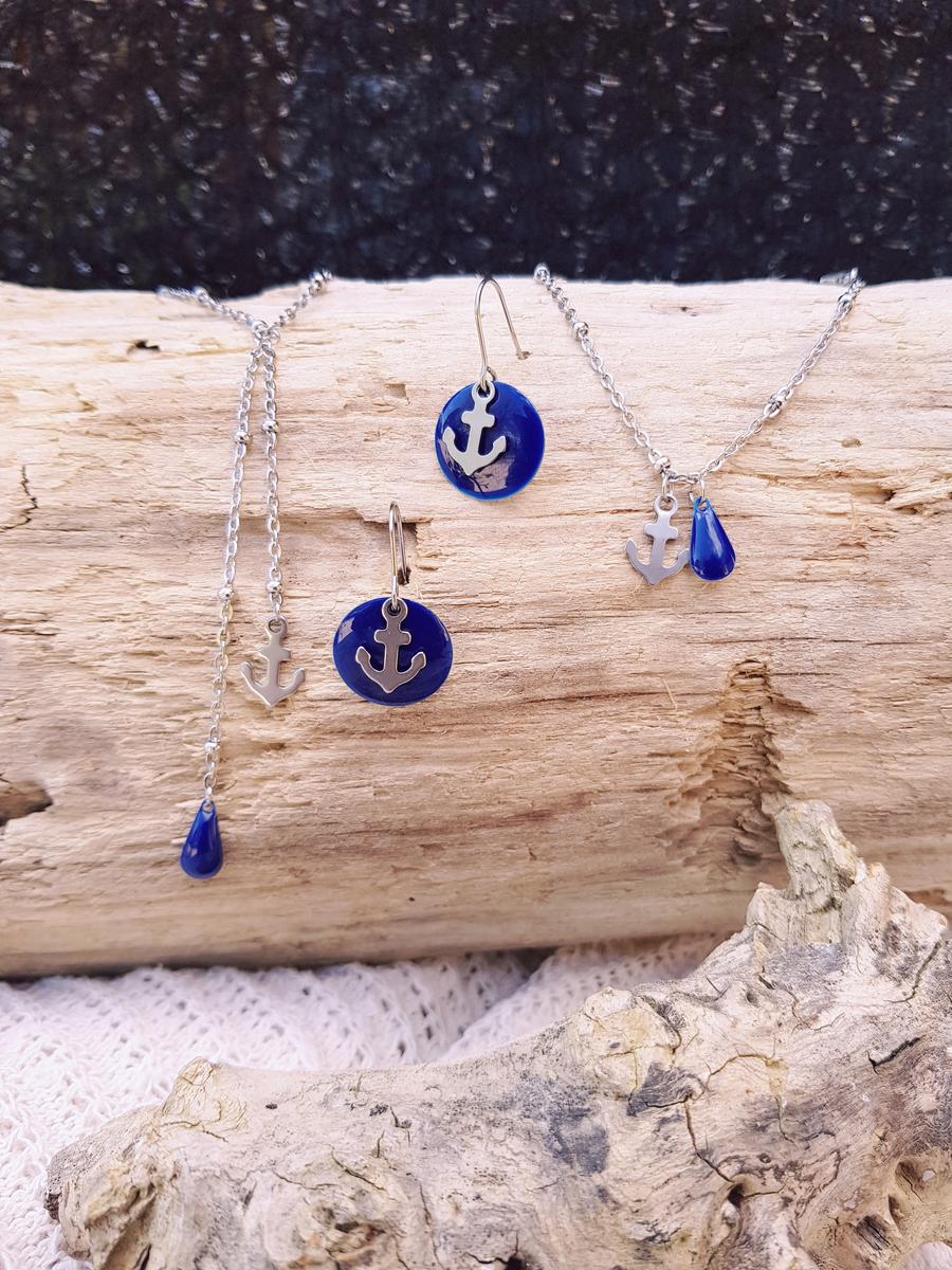 Parure [Boucles d'oreilles, collier et bracelet] inox - ancre marine et goutte bleue