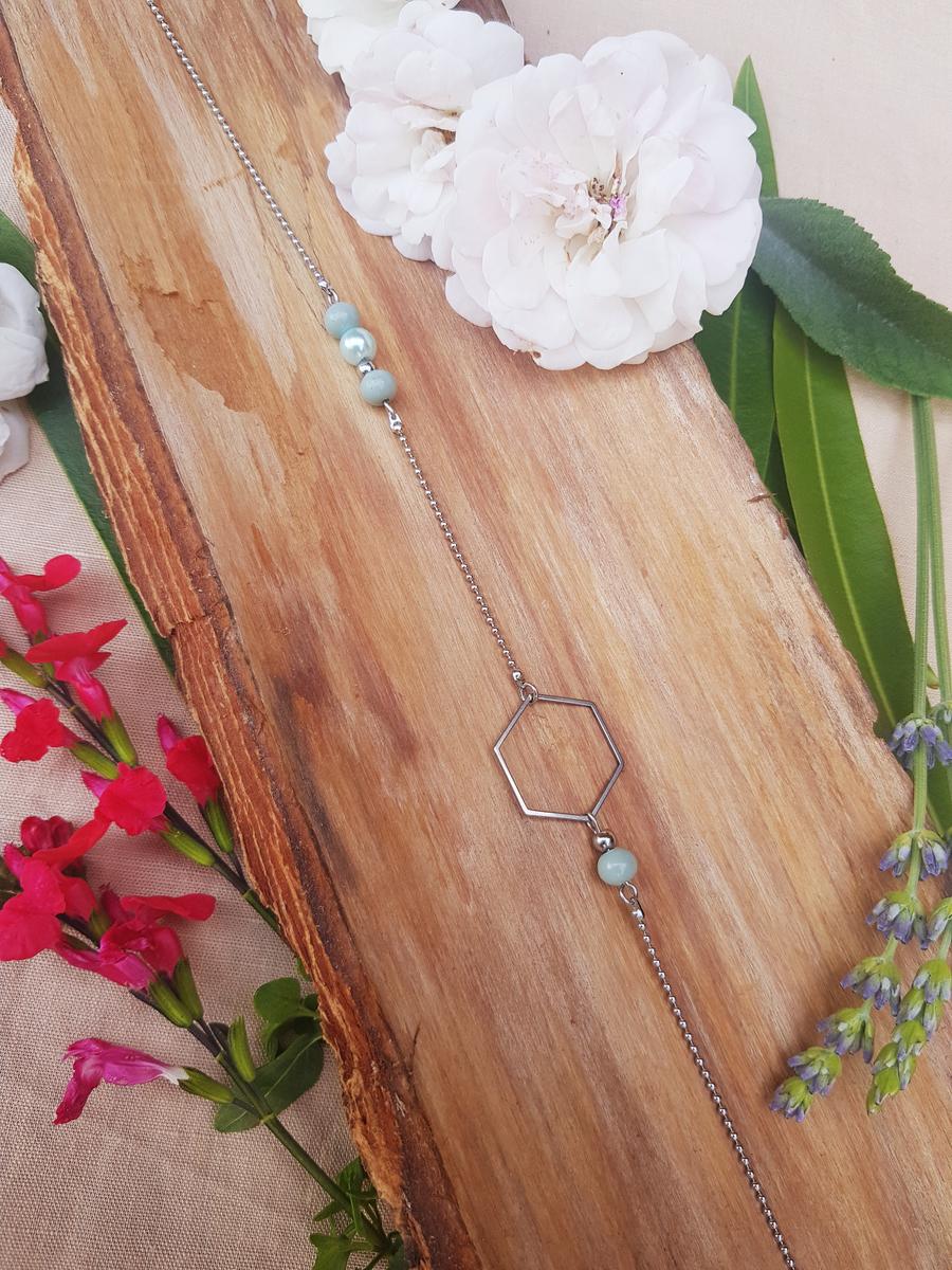 Headband inox - Hexagone et perles d'imitation vertes et bleues Headband inox - Hexagone et perles d'imitation vertes et bleues