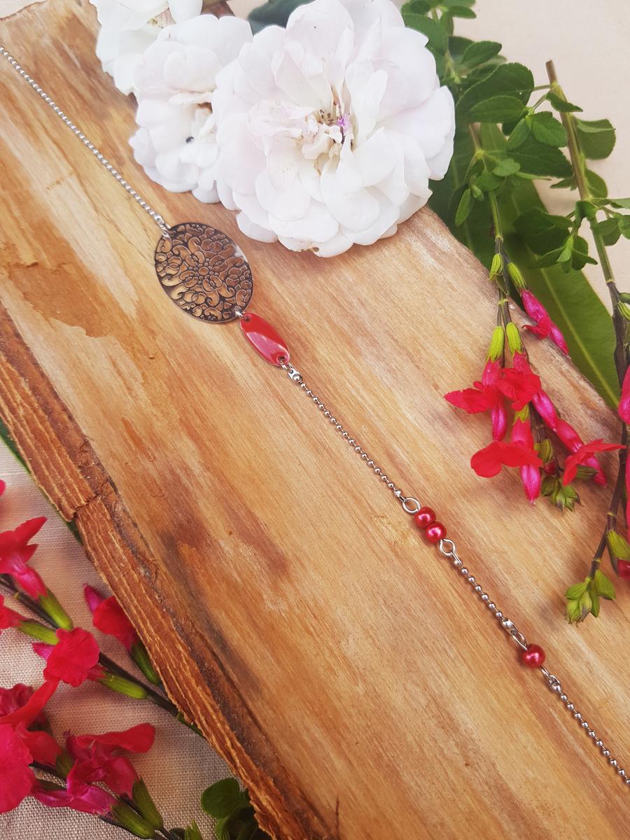 Headband inox fait main - Rosace ovale, sequin émaillé et perles d'imitation rouge. Calino crea Headband inox fait main - Rosace ovale, sequin émaillé et perles d'imitation rouge. Calino crea