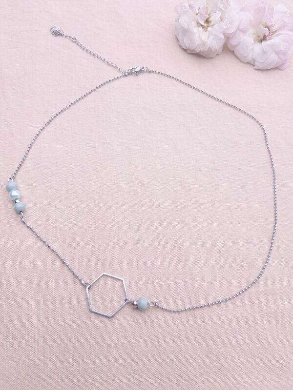 Headband inox - Hexagone et perles d'imitation vertes et bleues