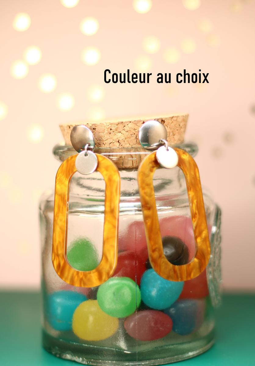 Boucles d'oreilles inox personnalisables - Ovale résine et sequin argenté Boucles d'oreilles inox personnalisables - Ovale résine et sequin argenté