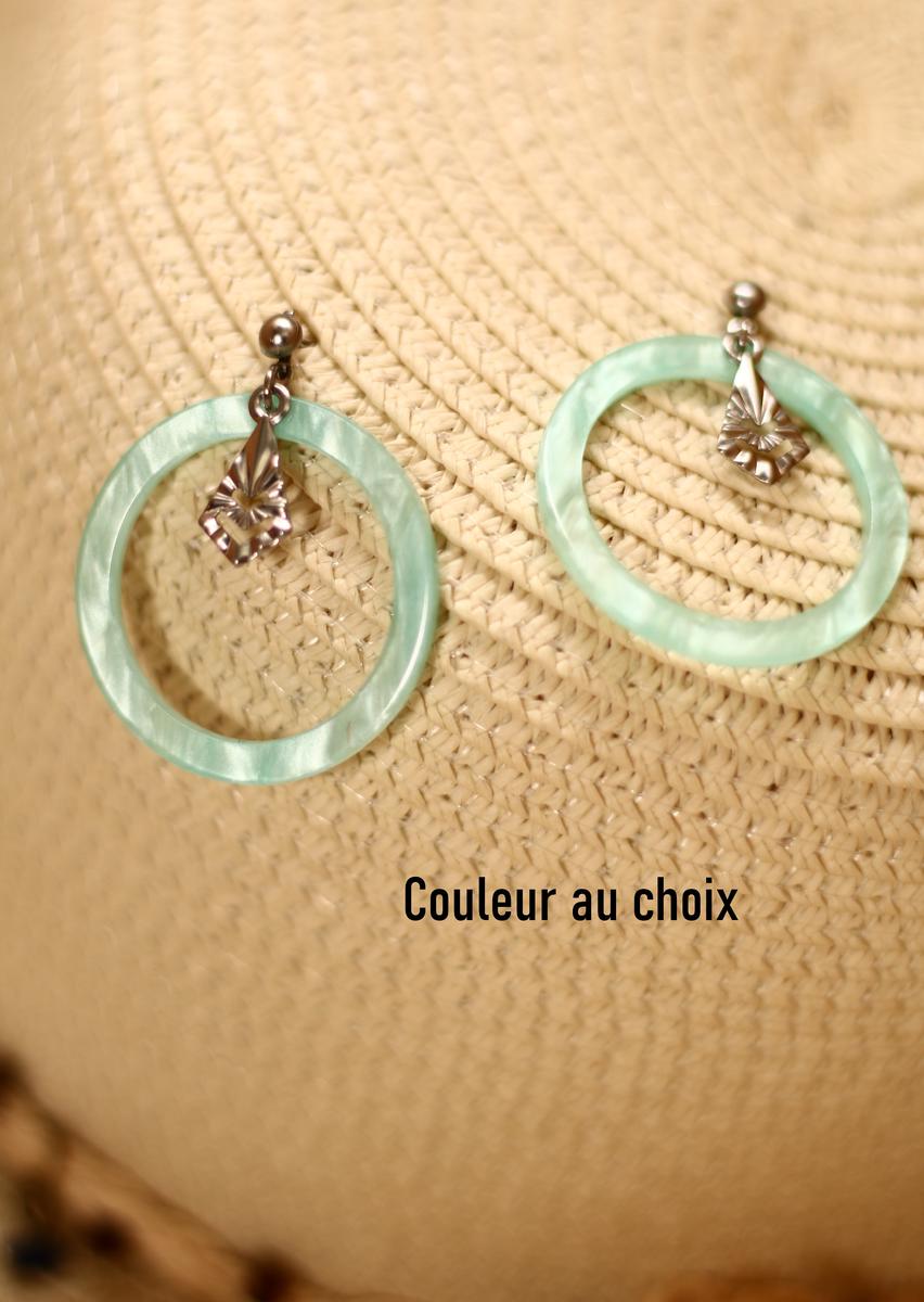 Boucles d'oreilles inox personnalisables - Créole résine et losange ajouré
