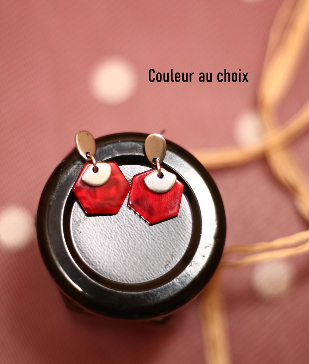 Boucles d'oreilles inox personnalisables - Hexagone résine et éventail argenté Boucles d'oreilles inox personnalisables - Hexagone résine et éventail argenté