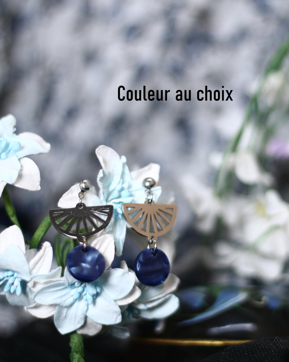 Boucles d'oreilles inox personnalisables - Eventail argenté et sequin résine