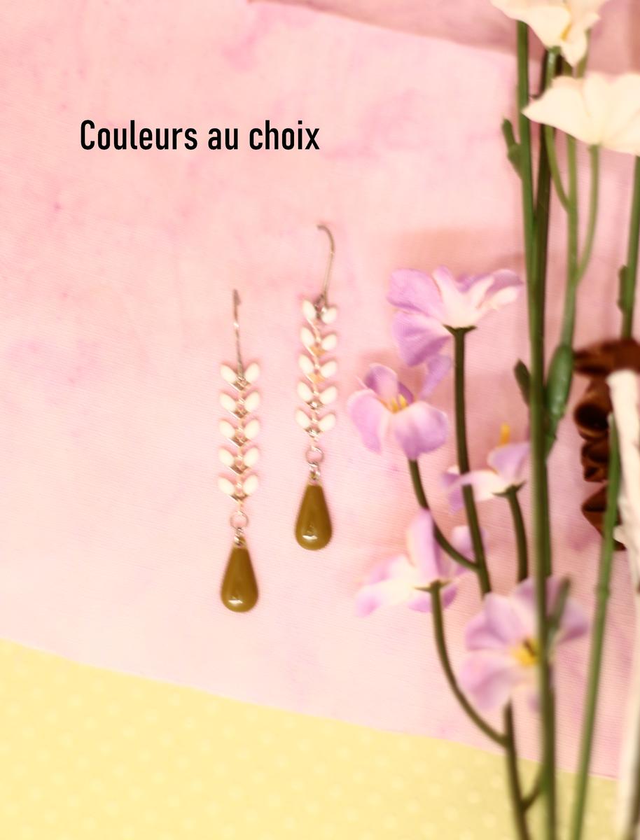 Boucles d'oreilles inox personnalisables - chaîne épi blanche et goutte émaillée Boucles d'oreilles inox personnalisables - chaîne épi blanche et goutte émaillée
