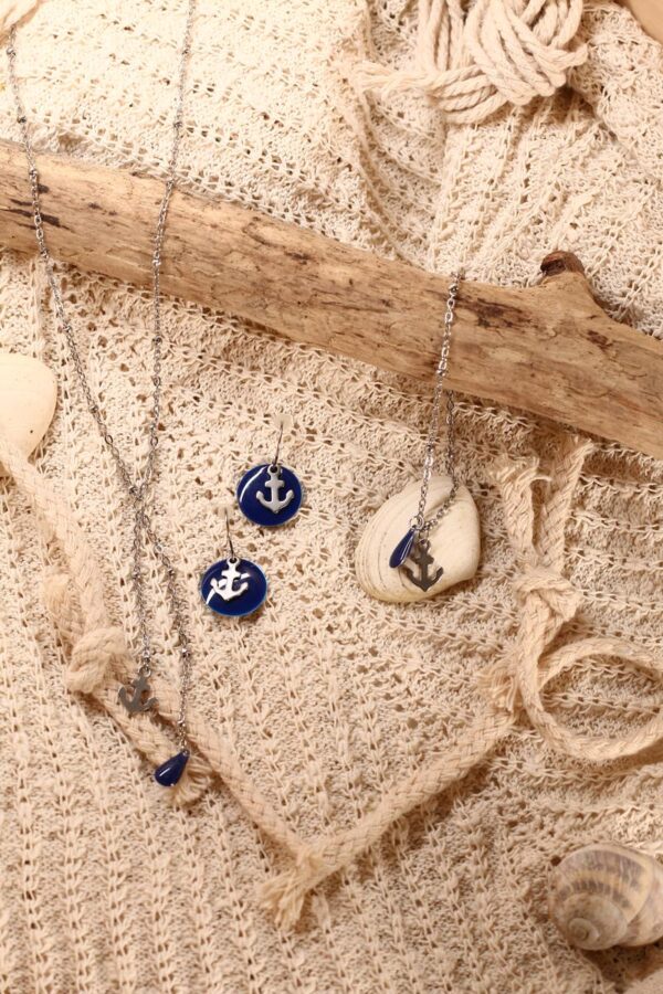 Parure [Boucles d'oreilles, collier et bracelet] inox - ancre marine et goutte bleue