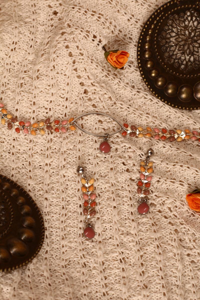 Parure [bracelet et boucles d'oreilles] en acier inoxydable fait main - chaîne épi rose orangée