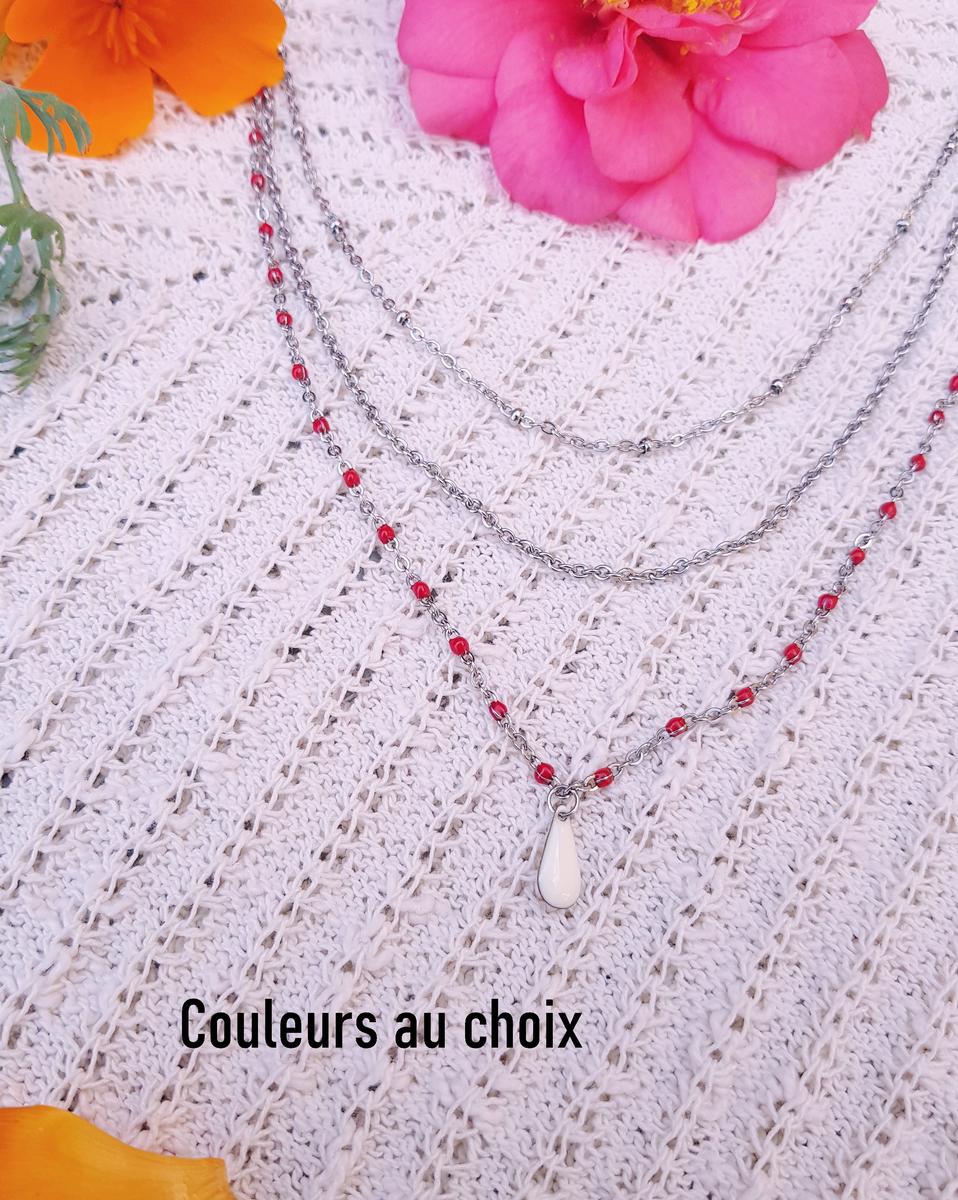 Collier inox personnalisable - double chaîne et sequin goutte colorée Collier inox personnalisable - double chaîne et sequin goutte colorée