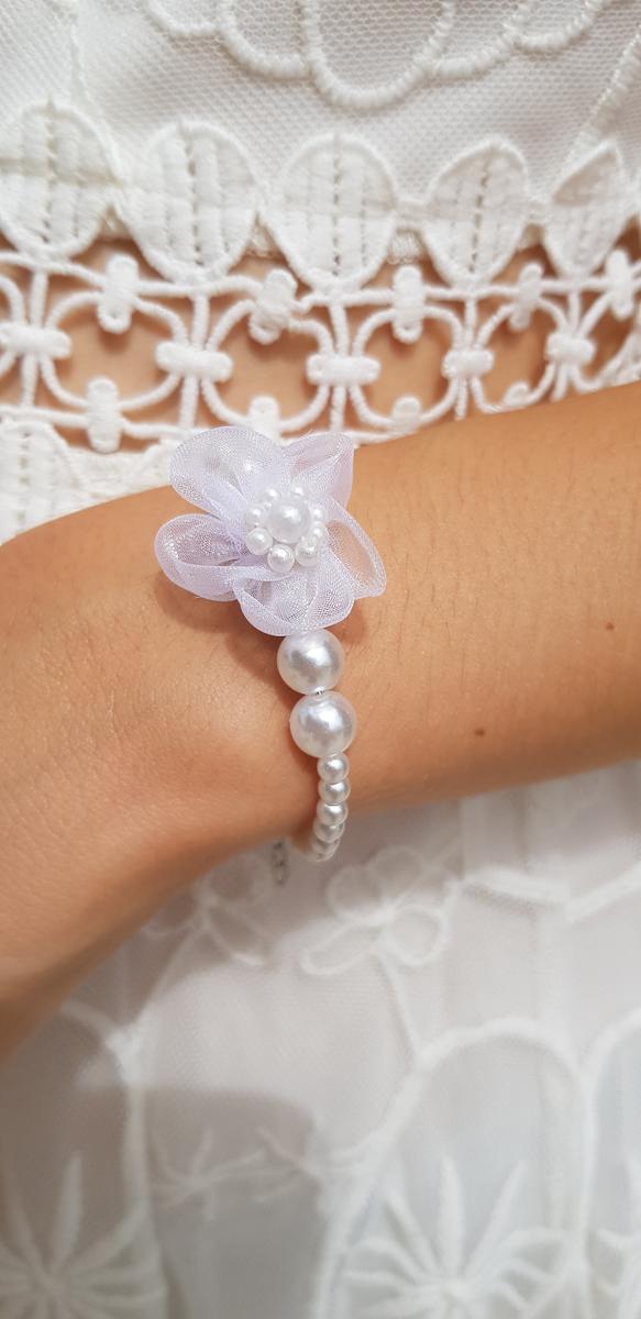 Bracelet inox mariage - Perles et fleur blanches