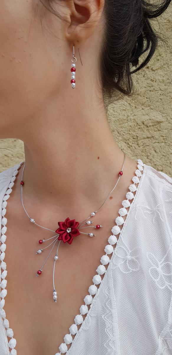 Parure inox mariage fait main - Perles et fleurs blanches et rouges. Calino Crea