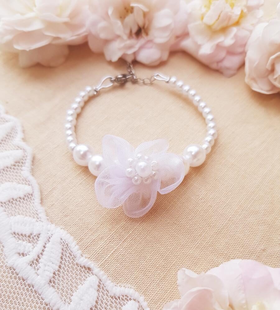 Bracelet inox mariage - Perles et fleur blanches
