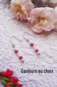 Boucles d'oreilles inox mariage personnalisables fait main - Perles blanches et rouges. Calino Crea