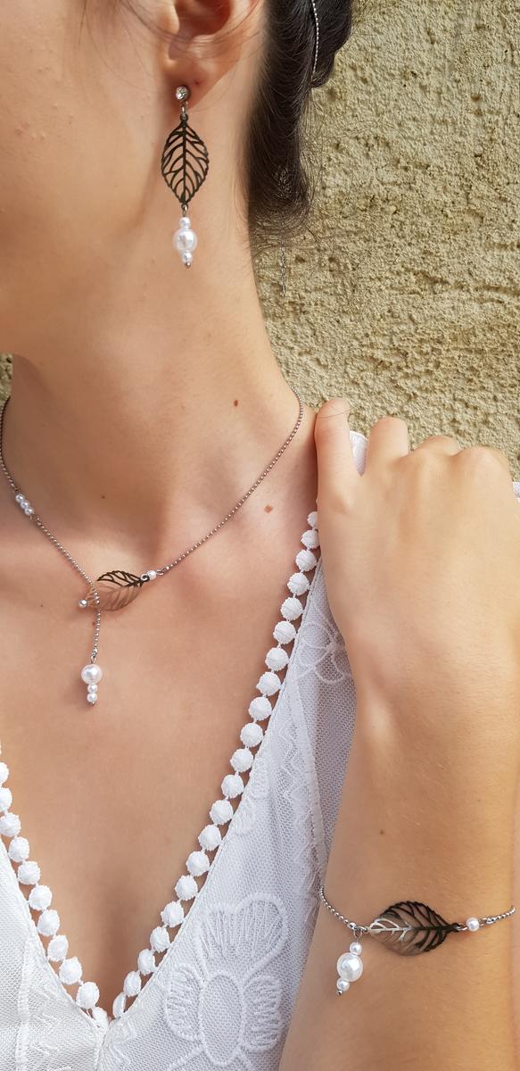 Parure inox mariage fait main - Feuilles et perles blanches. Calino Crea Parure inox mariage fait main - Feuilles et perles blanches. Calino Crea