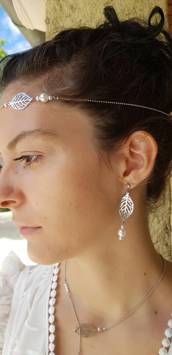 Parure inox mariage fait main - Feuilles et perles blanches. Calino Crea Parure inox mariage fait main - Feuilles et perles blanches. Calino Crea