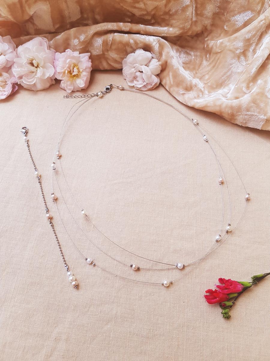 Collier et bijou de dos inox mariage fait main -Perles blanches, ivoires et rose clair. Calino crea