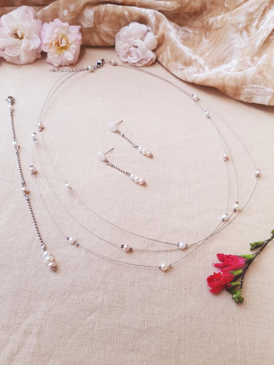 Parure inox mariage fait main -Perles blanches, ivoires et rose clair. Calino crea