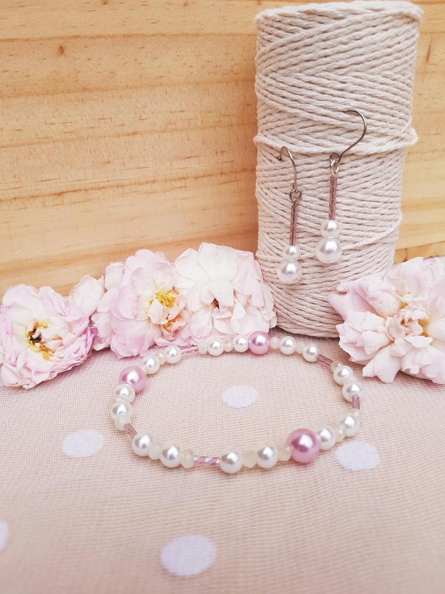 Bracelet et boucles d'oreilles inox mariage fait main - Perles roses et blanches. Calino Crea