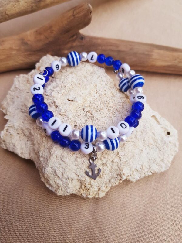Bracelet d'allaitement - Perles blanches et bleues et ancre marine