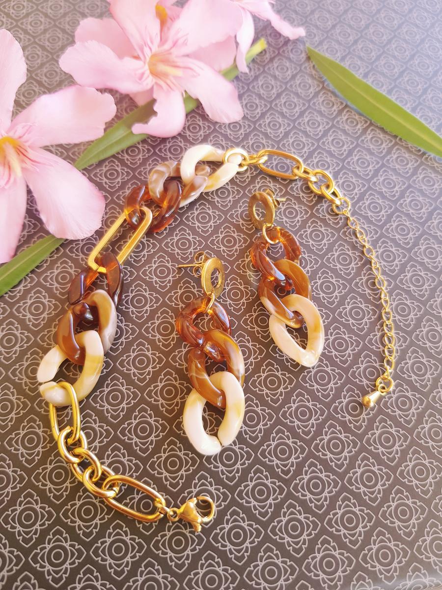 Bracelet et boucles d'oreilles inox fait main - chaîne maillons marron, beige et dorés. Calino Crea