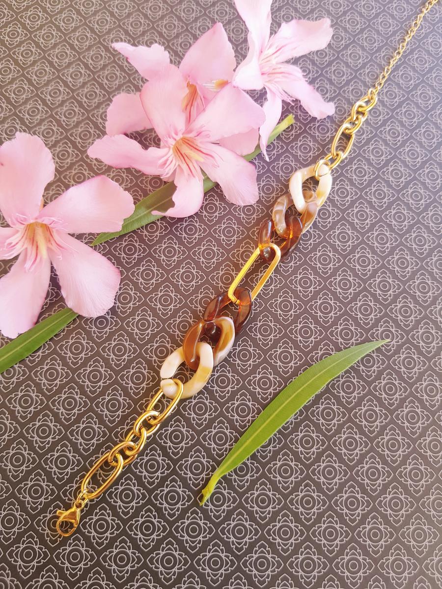 Bracelet inox fait main - chaîne maillons marron, beige et dorés. Calino Crea