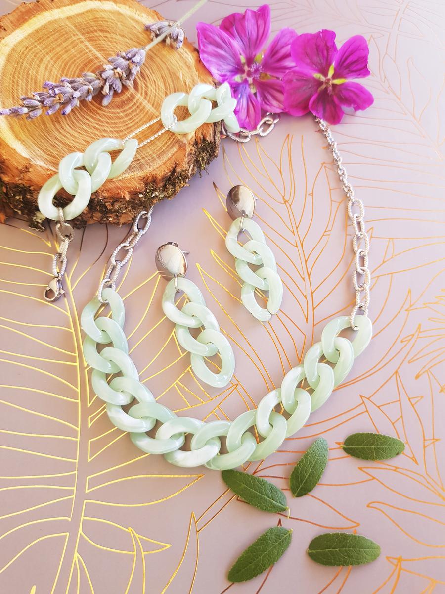 Bracelet, collier et boucles d'oreilles inox fait main - chaîne maillons menthe et argentés. Calino Crea Bracelet, collier et boucles d'oreilles inox fait main - chaîne maillons menthe et argentés. Calino Crea