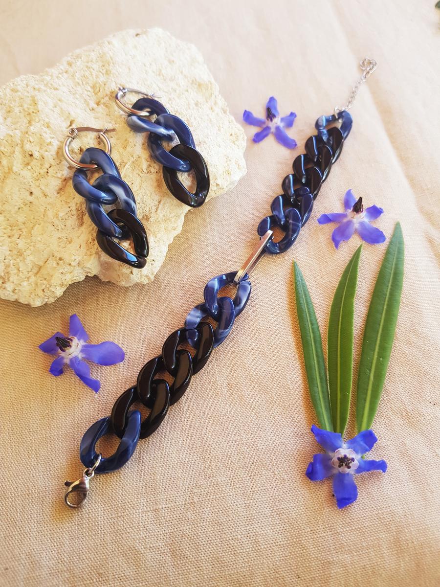 Bracelet et boucles d'oreilles inox fait main - chaîne maillons bleus, noirs et argentés. Calino Crea