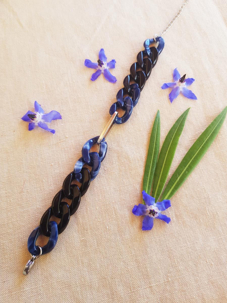 Bracelet inox fait main - chaîne maillons bleus, noirs et argentés. Calino Crea
