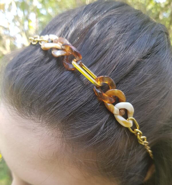 Headband inox fait main - chaîne maillons marron, beige et dorés. Calino Crea Headband inox fait main - chaîne maillons marron, beige et dorés. Calino Crea