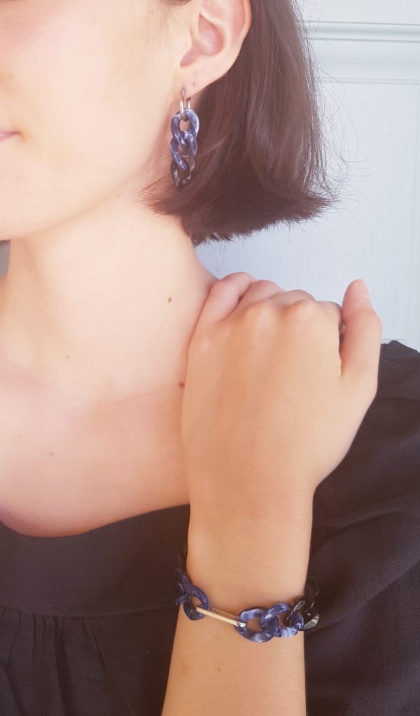 Bracelet et boucles d'oreilles inox fait main - chaîne maillons bleus, noirs et argentés. Calino Crea