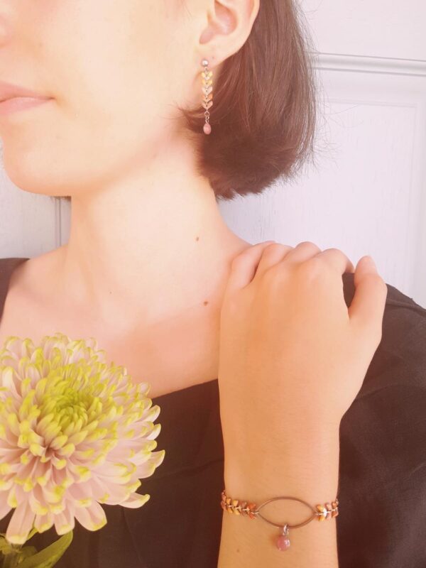 Parure [bracelet et boucles d'oreilles] en acier inoxydable fait main - chaîne épi rose orangée - Calino Crea