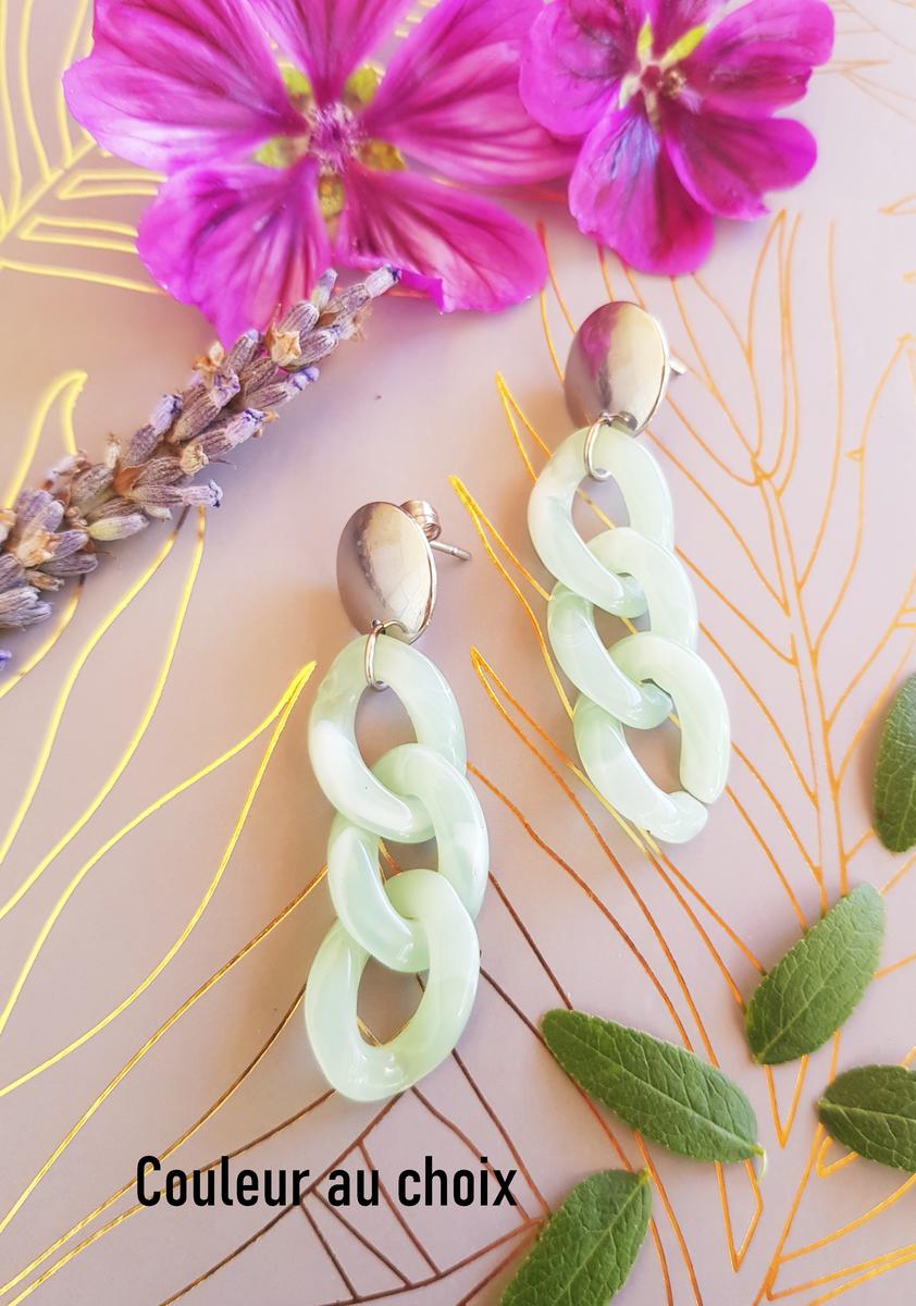 Boucles d'oreilles inox fait main - chaîne maillons menthe et argentés. Calino Crea