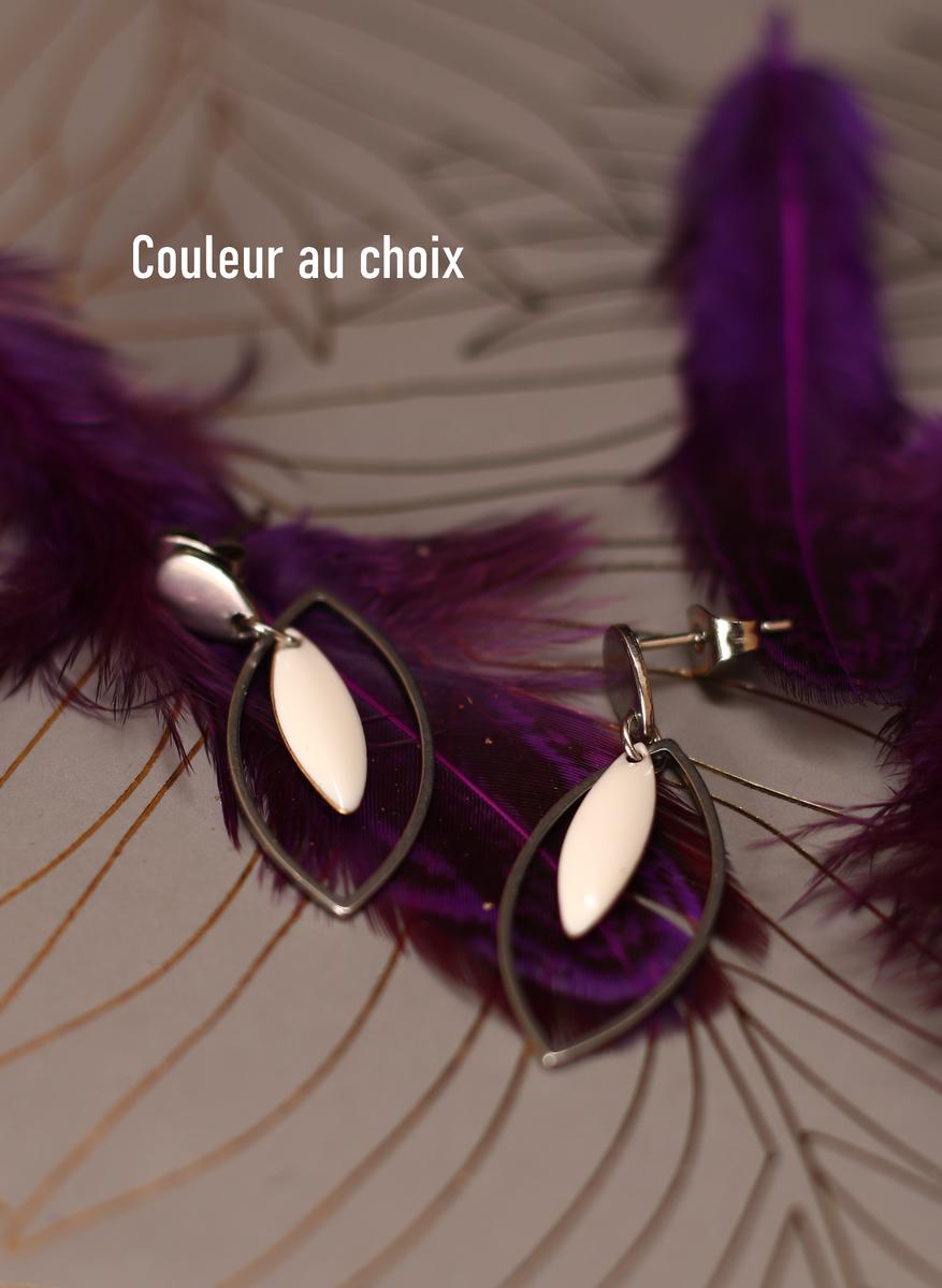Boucles d'oreilles inox personnalisables fait main - Amande argentée et sequin émaillé blanc. Calino crea
