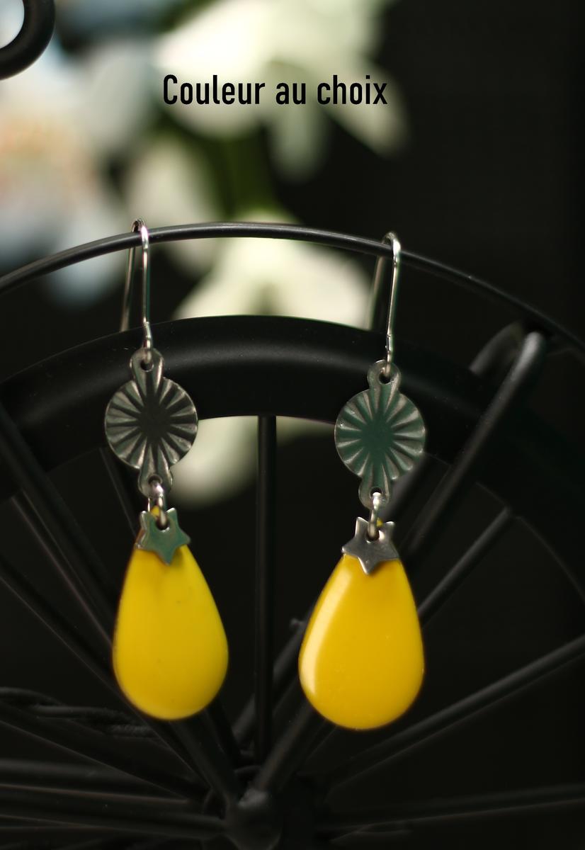 Boucles d'oreilles inox personnalisables - étoile argentée et sequin émaillé goutte jaune