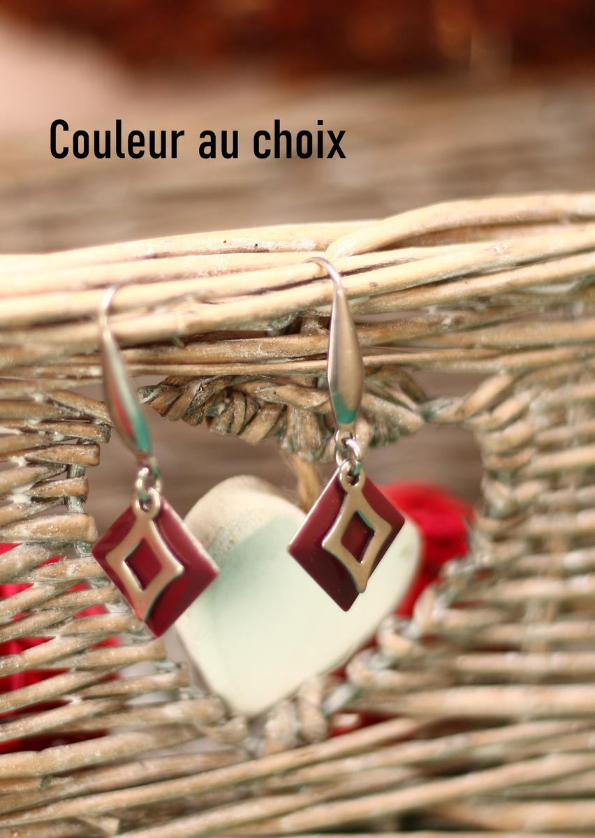 Boucles d'oreilles inox personnalisable fait main - sequin carré et losange argenté. Calino Crea