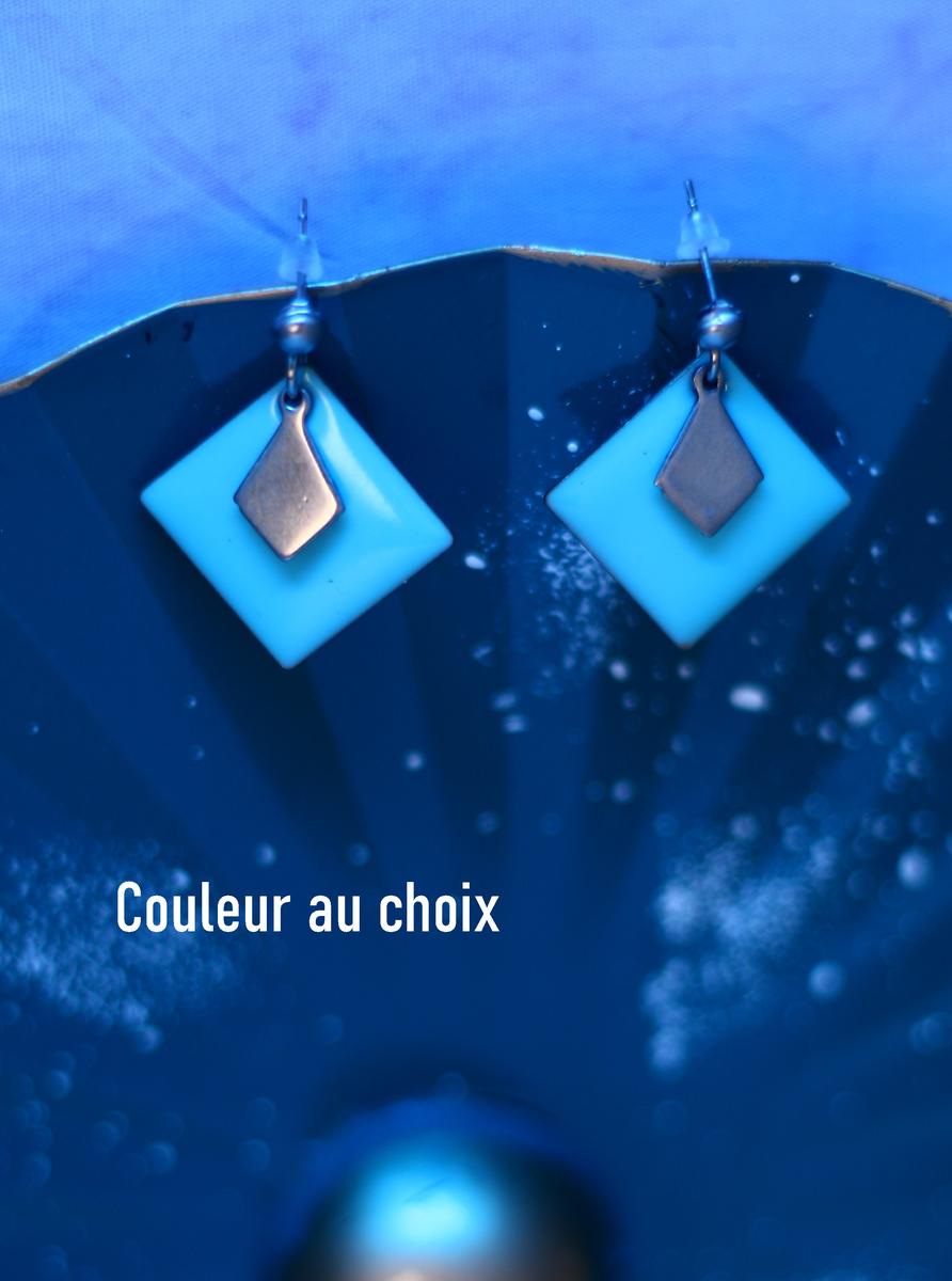Boucles d'oreilles inox personnalisable fait main - sequin carré turquoise et losange argenté. Calino Crea