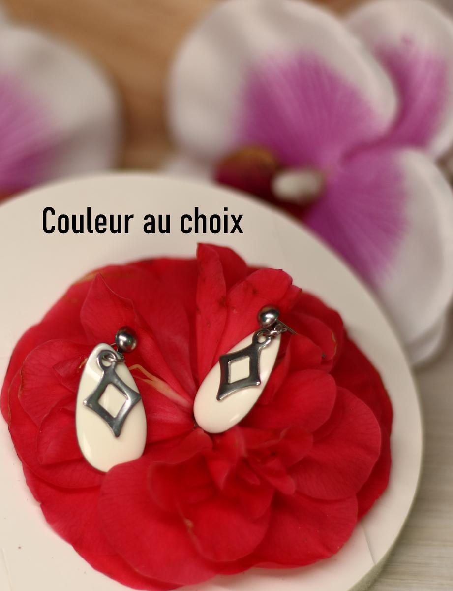 Boucles d'oreilles inox personnalisables - Losange et sequin émaillé goutte blanche