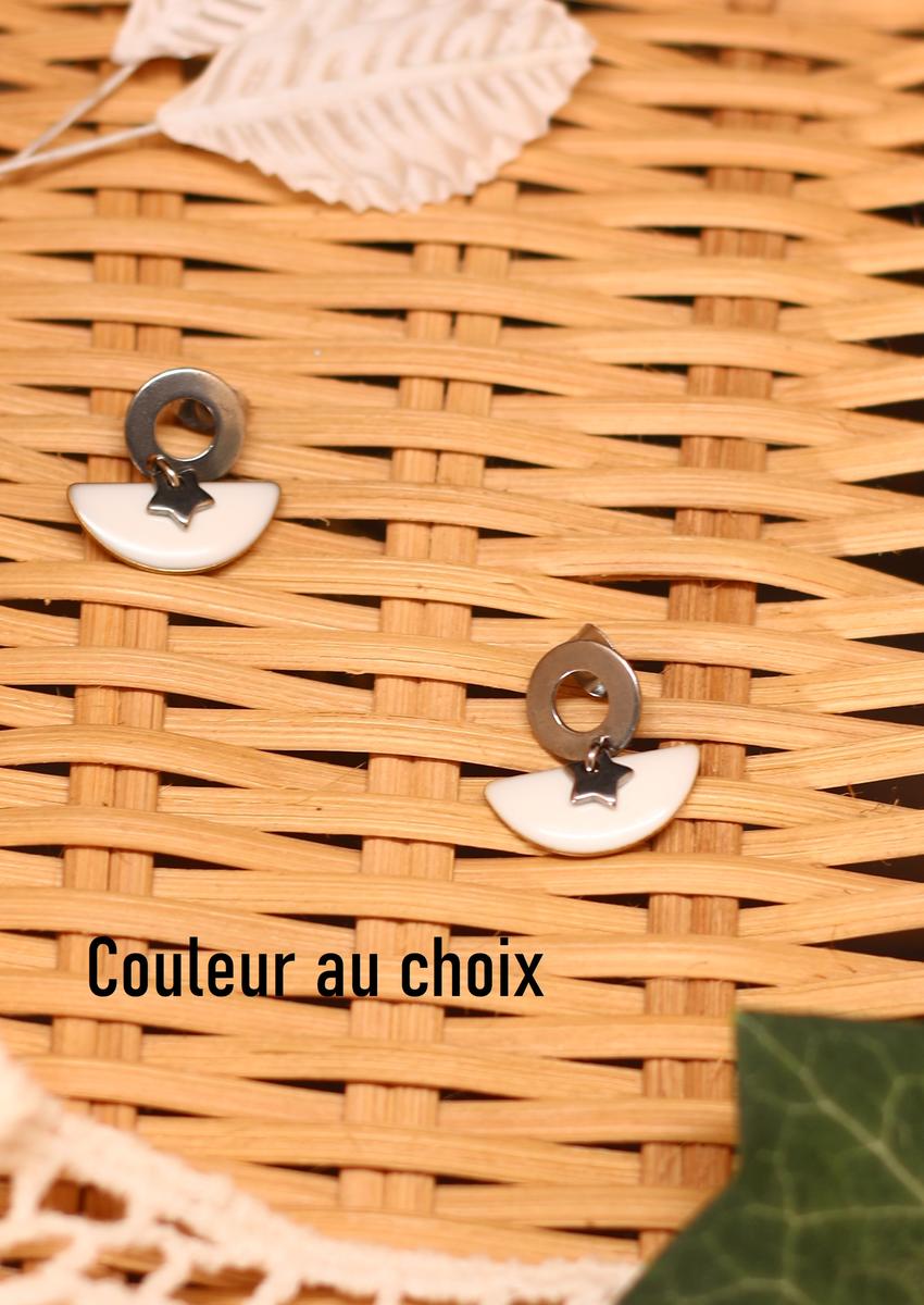 Boucles d'oreilles inox personnalisable fait main - Etoile et sequin demi-cercle blanc. Calino crea