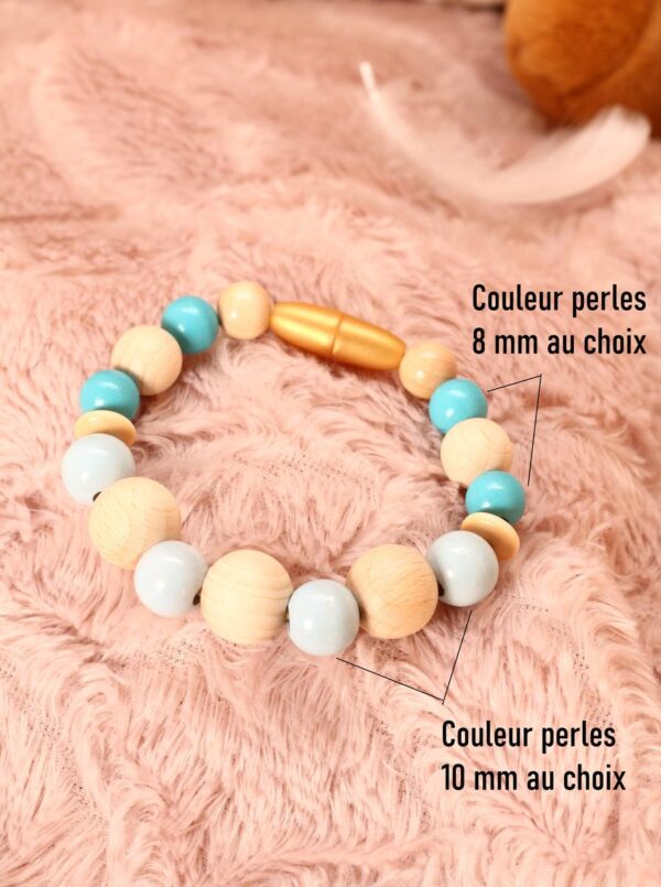 Bracelet d'allaitement et de portage personnalisable fait main - bois naturel et bleu. Calino Crea