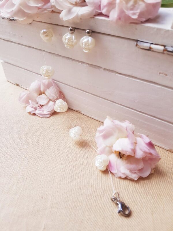 Bracelet et boucles d'oreilles inox mariage - Perles roses blanches